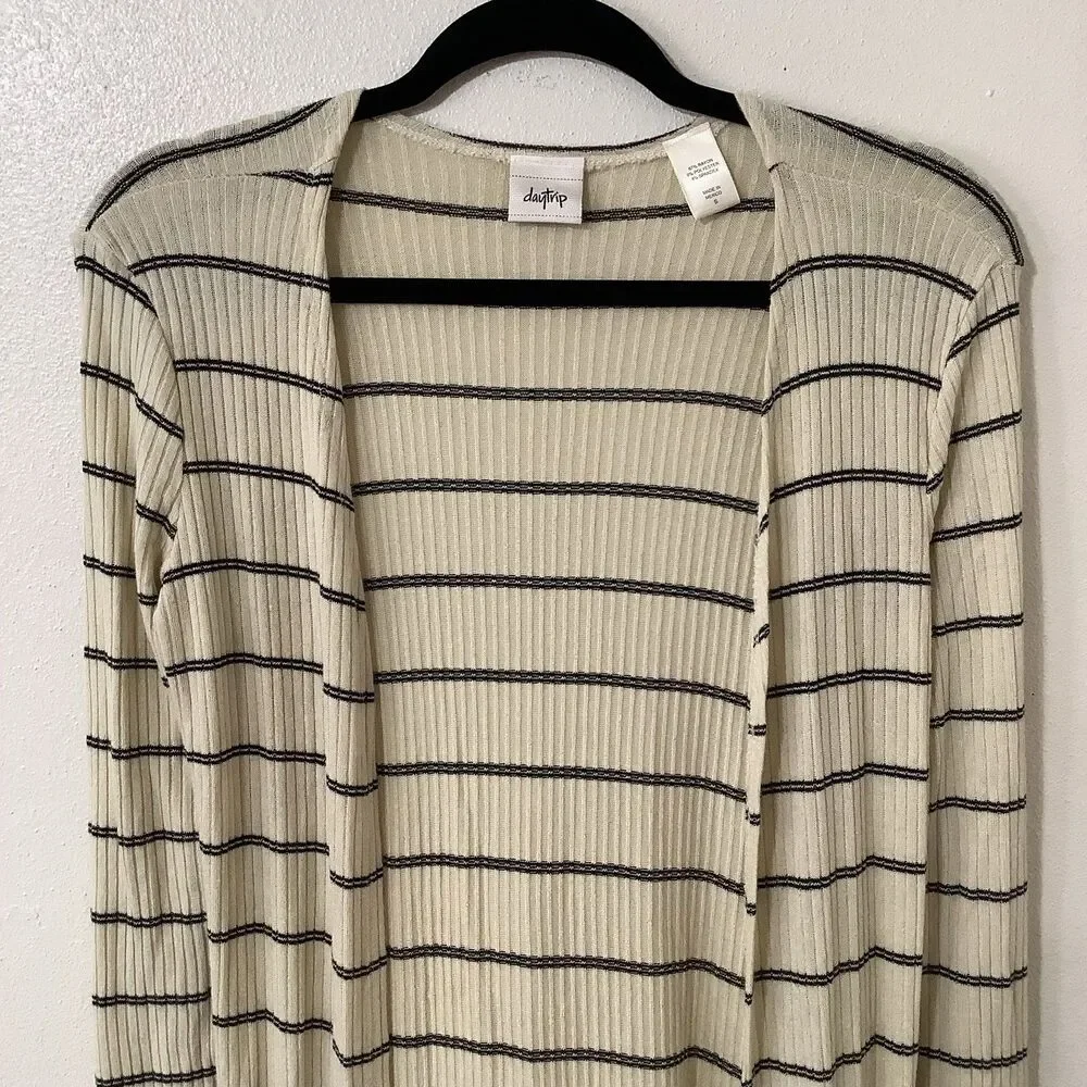 Daytrip Minimalist Chic‎ Cozycore Slouchy Striped Cream Long Open Cardigan Small